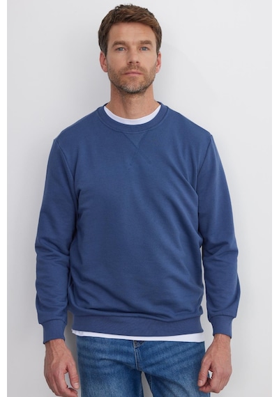 Tudors Unisex Relax Fit Rahat Kesim %100 Pamuk 3 İplik Basic İndigo Bisiklet Yaka Sweatshirt-35152 İndigo