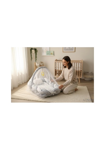 Linoababy Örgü Cibinlikli Babynest Bebek Yatağı Anne Yanı Yatağı - Gri