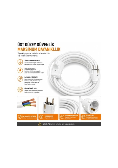3x2.5mm Ttr Tekli Beyaz Topraklı Kauçuk Uzatma Kablosu 40 Metre