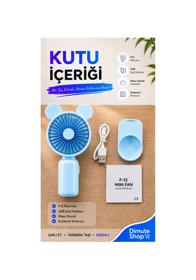 F12 Mini El Fanı Şarjlı Taşınabilir Usb El Vantilatörü Mavi - 886035522