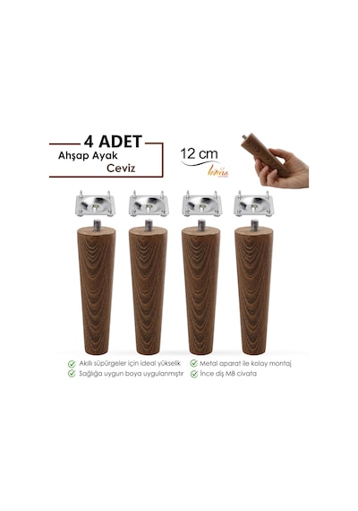 4 Adet Ahşap Ayak 12 Cm Ceviz M8 Civatalı Bağlantı Aparatlı Dolap Mobilya Koltuk Kanepe Destek Ayağı Ayakları Ceviz