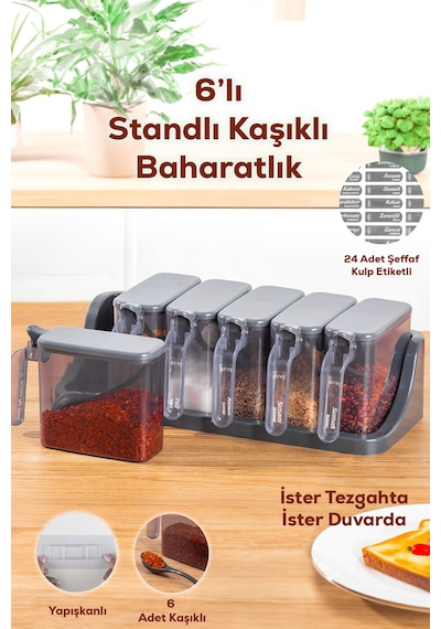 Porsima 1182 6 Lı Standlı Kendinden Yapışkanlı Kapaklı Kaşıklı Baharatlık Takımı -etiketli Baharatlık Antrasit
