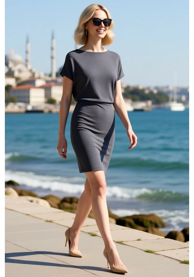Benerly Kadın Kolsuz Bodycon Mini Elbise Kayık Yaka Düşük Kol Detaylı %97 Antrasit