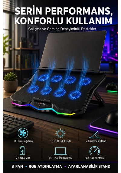 Torn Rgb Laptop Soğutucu 8 Fanlı Ayarlanabilir Standlı Notebook Soğutucu