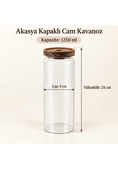 Tr Akasya Kapaklı Yuvarlak Borosilikat Cam Kavanoz 1250 Ml, 9 25 Cm, Orta Delikli Ahşap Kapak, Şeffaf Makarna Bakl Diğer