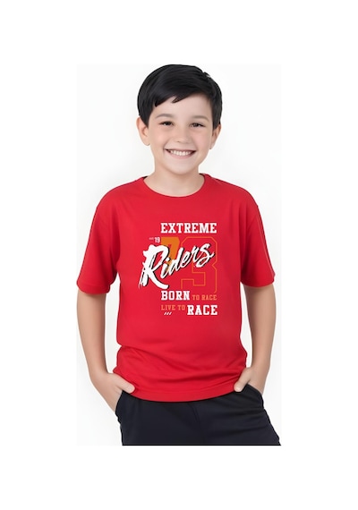 Panios Kids Extreme Riders Baskılı Erkek Çocuk Yuvarlak Yaka Kısa Kollu T-shirt Kırmızı