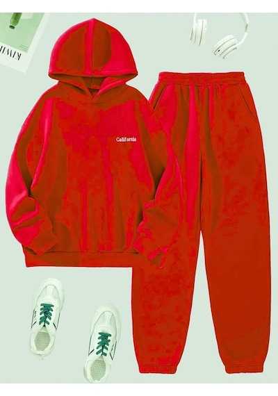 California Yazılı Eşofman Takımı Sweatshirt Jogger - Kırmızı Baskılı Oversize Şardonlu Kapüşonlu Kırmızı California Yazılı Eşofman Takımı Sweatshirt Jogger - Kırmızı Baskılı Oversize Şardonlu Kapüşonlu Kırmızı
