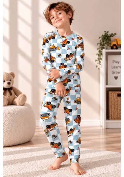 Free Beka Desenli Bisiklet Yaka %100 Pamuklu İnterlok Kumaş Erkek Çocuk Uzun Kollu Pijama Takımı Turkuaz