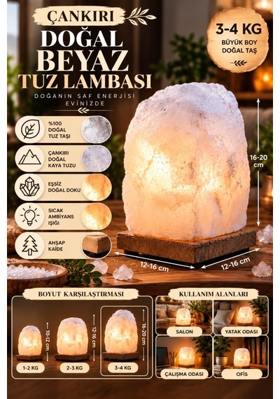 Çankırı 3-4 Kg Beyaz Doğal Kaya Tuzu Lambası Ahşap Kaideli Dekoratif Lamba