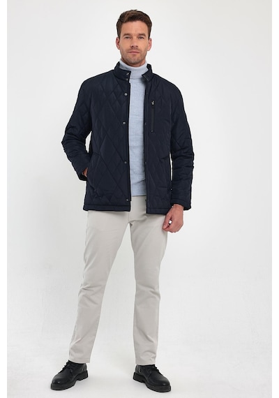 Sivaist Erkek Lacivert Standart Fit Normal Kesim Içi Kürklü Dik Yaka Çıtçıtlı Dolgulu Desenli Overcoat-Lacivert
