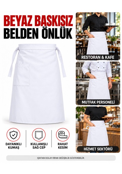 Baskısız Belden Önlük, Cepli Bağlamalı Garson, Aşçı, Mutfak, Restoran Ve Kafe Önlüğü Beyaz