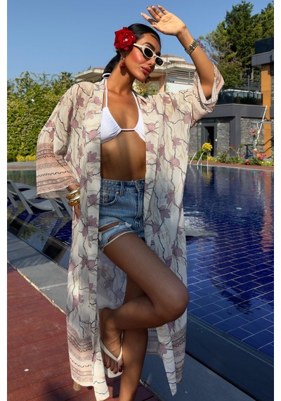 WeShaya Kadın Multi Desenli Kruvaze Şifon Kimono Çok Renkli