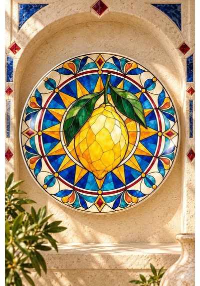 Dekoratif Duvar Tabağı Limonlu Vitray Bahçesi Dekorlu Seramik Tabak Bej