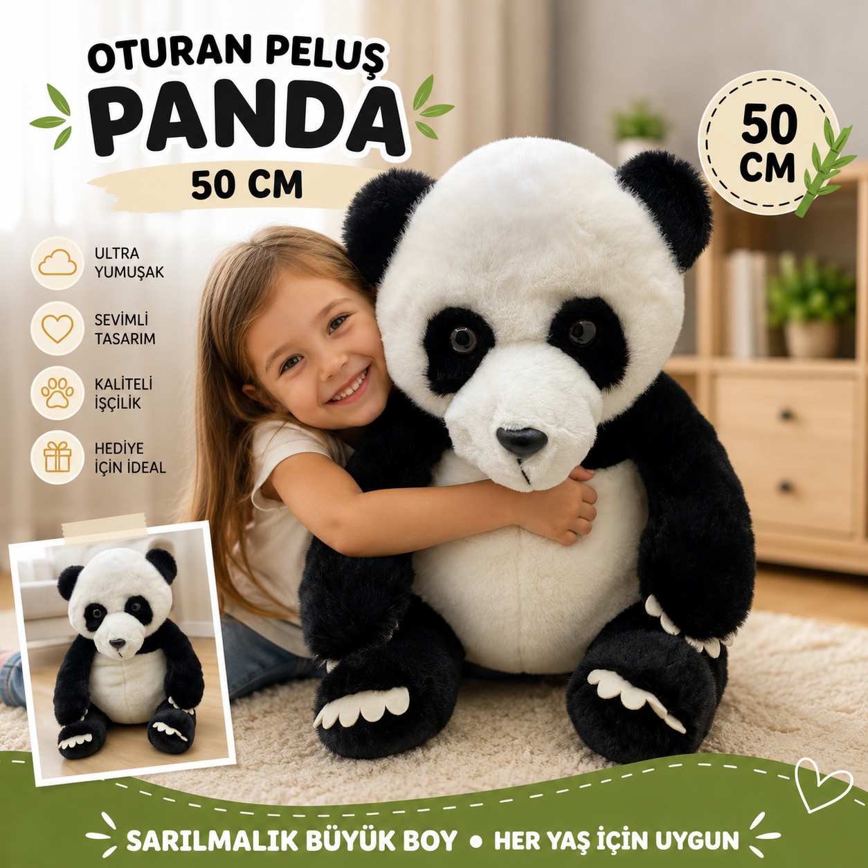 Oyuncak Peluş 50 Cm Oturan Panda Ultra Yumuşak Sevimli Panda Peluş Oyuncak Büyük Boy Siyah