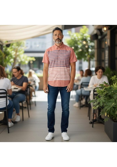 Slim Fit Pamuklu Çizgili Pano Desen Kısa Kollu Gömlek Slim Fit Kalıp Pembe