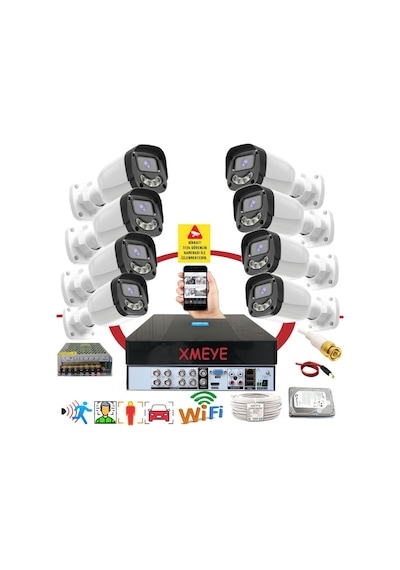 8 Li Araç Yüz Ve İnsan Tanımalı Hareket Algılayan 5 Mp Lens 4 Warm Led Gece Renkli Gösteren Güvenlik Kamera Seti Bs2304w