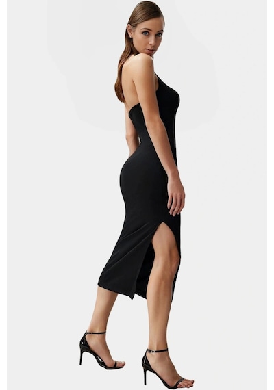 Ersefa Kadın Bodycon Midi Elbise Kare Yaka Finike Dokuma Yazlık Şık Elbi Siyah