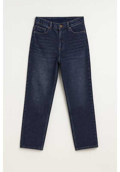 Kadın Yüksek Bel Mom Fit İndigo Jean Pantolon