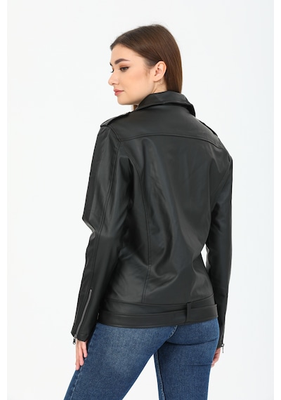 Kadın Siyah Oversize içi Kürklü Kemerli Biker Deri Ceket Siyah