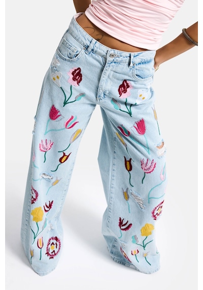 Itsbasic Kadın Ice 11s6-3 Palazzo Fit Gül Çiçek Nakış Detaylı Özel Tasarım Denim Jean Buz Mavi