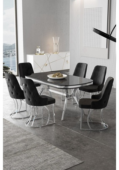 Canisa Epal Serisi 90x168 Lak Panel Siyah Mermer Desen Krom Ayaklı Masa Takımı Ve 6 Siyah Sandalye Masa Siyah Mermer Desen Sandalye Siyah Canisa Epal Serisi 90x168 Lak Panel Siyah Mermer Desen Krom Ayaklı Masa Takımı Ve 6 Siyah Sandalye Masa Siyah Mermer Desen Sandalye Siyah