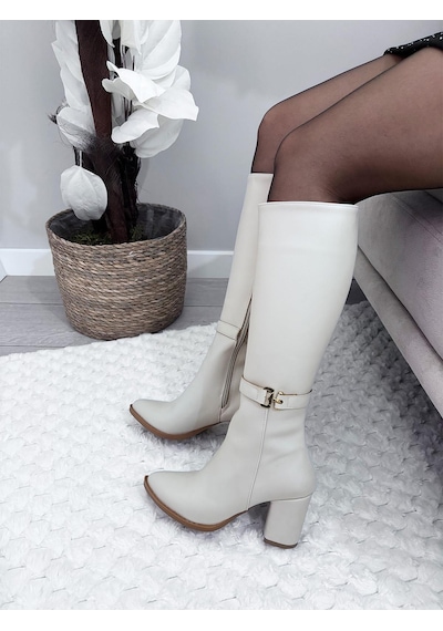 Asmi Shoes Kadın Lara Yandan Fermuarlı Diz Altı Çizme Krem Krem