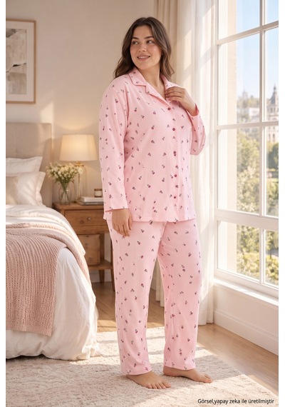 Seboteks Waffle Kumaş Önden Düğmeli Uzun Kollu Büyük Beden Kadın Pijama Takımı 3596 Pembe