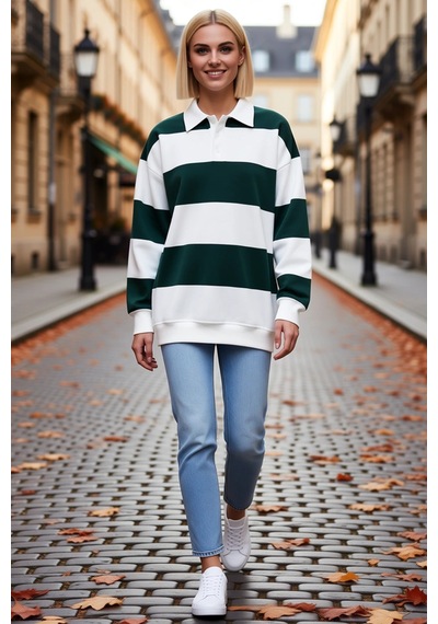 Ersefa Kadın Oversize Polo Yaka Geniş Çizgili Üç İplik Sweatshirt Düğmel Yeşil
