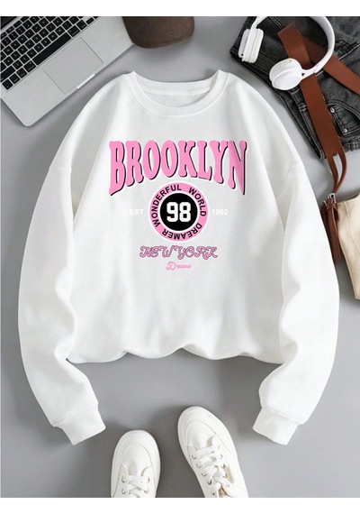 Startmore Startmorebrooklyn Dünya Hayalperest Kazak Kadın Mektup Baskılı Kapüşonlu Svetşört Polar Sıcak Crewneck Beyaz