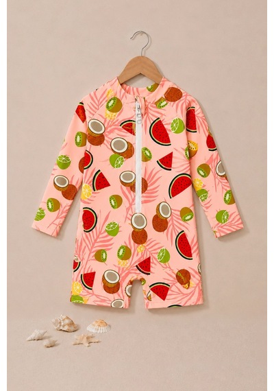 Zuzunga Summer Fruit Desenli Kız Bebek Uzun Kollu Fermuarlı Tulum Mayo
