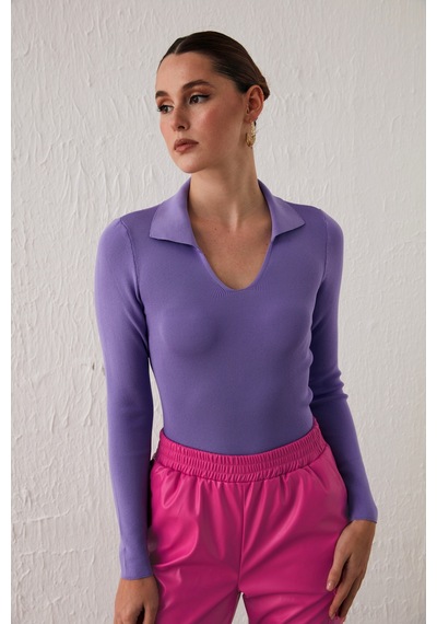 Sateen Polo Yaka Triko - Lila-132055 Lila