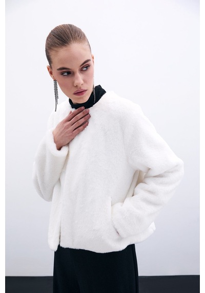 Sateen Yakasız Peluş Ceket - Ekru