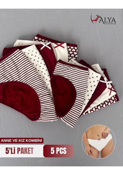 Alya Underwear Anne Kız Kombin Pamuklu Külot - Beyaz Slip İç Çamaşırı - 5'li Paket Bordo P27