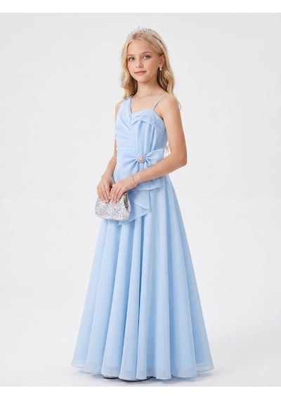 Zekids Kız Çocuk Asimetrik Drape Detaylı Fiyonklu Uzun Abiye Elbise-17327 Mavi