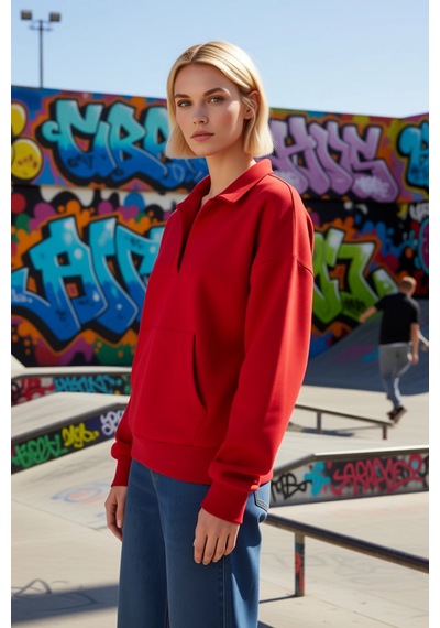 Benerly Kadın Polo Yaka Düşük Kol Geniş Kesim Örme Sweatshirt Fonksiyonel Kırmızı