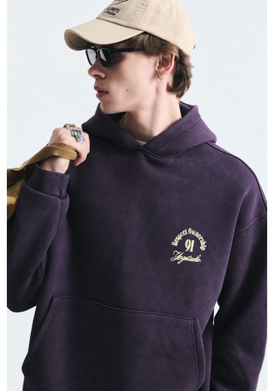 Vamos Boxy Fit Yazılı Kapüşonlu Sweatshirt Mürdüm