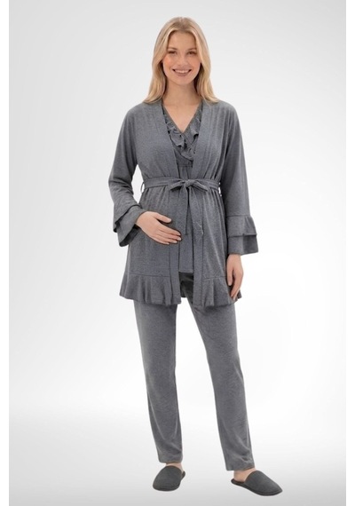 Mecit Pijama Mecit 6403 Sabahlıklı Lohusa Pijama Takımı Füme