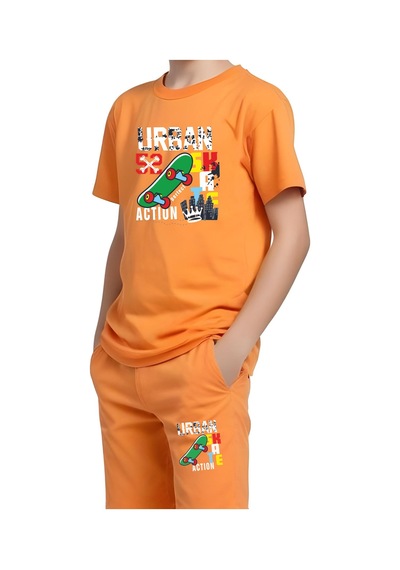 Fyk Kids Erkek Çocuk Tişört-şort Urban Skate Baskılı Alt-üst Takım Turuncu
