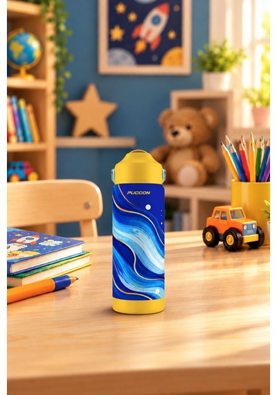 Puccon 540 Ml Mavi Dalga Desenli Lacivert - Sarı Erkek Çocuk Pipetli Çelik Termos Matara/suluk - 60061