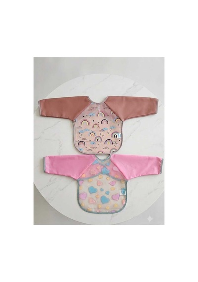 Kız Çocuk Bebek Pembe Gökkuşağı Kalp Figürlü Sıvı Geçirmez İkili Uzun Kollu Mama Beslenme Önlüğü Seti Pembe
