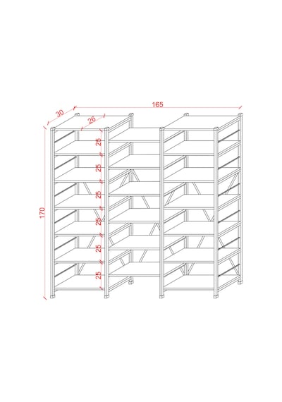 Asra Trend 6 Raflı Metal Kitaplık METALK03 %100 MDF Üç Modüllü Geniş Kütüphane Petra