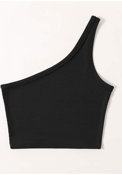 Liona Asimetrik Yaka Kolsuz Tek Omuz Askılı Siyah Renk Fitilli Crop Top Bluz Siyah