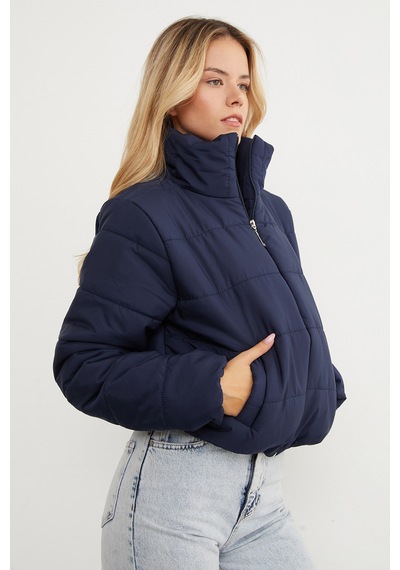 Fullamoda Beli Lastikli Crop Şişme Mont Lacivert