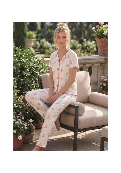 Eyfuze Kadın Baskılı Fiyonk Detaylı Raporlu Kaşkorse Kısa Kollu Pijama Takımı Beyaz-9