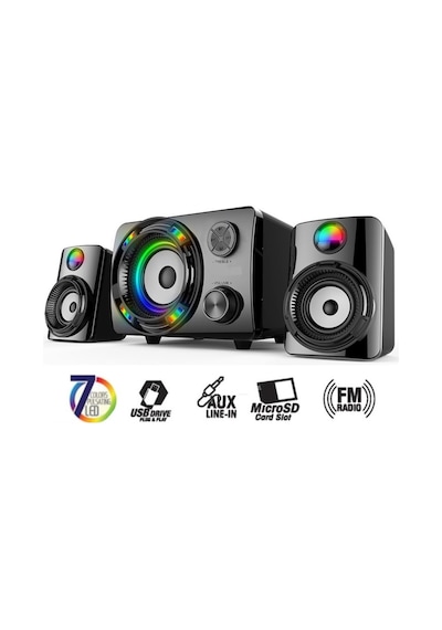 Ecco3 Btu 2.1 Kanal Speaker Rgb Led Işıklı Hafıza Kartı Ve Usb Girişli Fm Radyolu Bluetooth Hoparlör Pc Tv Laptop Bilgisayar Uyumlu