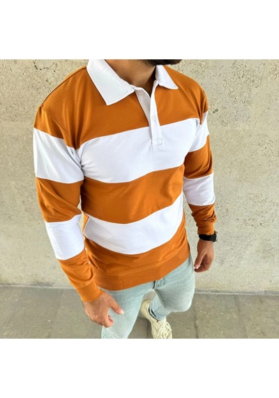 Erkek Polo Yaka Uzun Kollu Çizgili Sweatshirt Trend Rugby Stil - Turuncu Turuncu