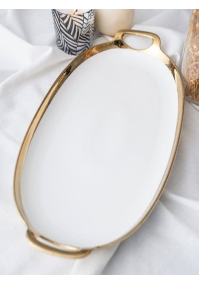 Arwen Oval Gold Sunum Tepsi 40.5x20x3 Cm beyaz