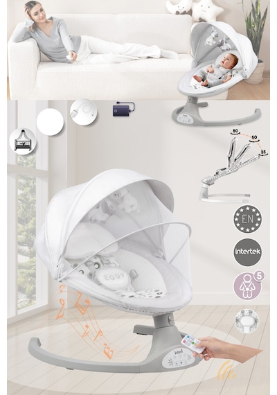 Kiwi Eggyone Elektrikli Otomatik Sallanan Bebek Ana Kucağı, 5 Farklı Sallanma Hızı, Oyuncaklı- Snow