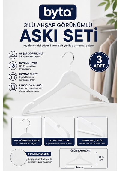 3'lü Beyaz Ahşap Görünümlü Elbise Askısı Seti 44 Cm Kaymaz Pantolon Çubuklu Kıyafet Askılığı Beyaz