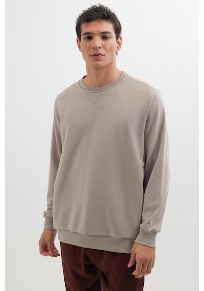 Tudors Unisex Relax Fit Rahat Kesim %100 Pamuk 3 İplik Basic Bej Bisiklet Yaka Sweatshirt-35145 Bej